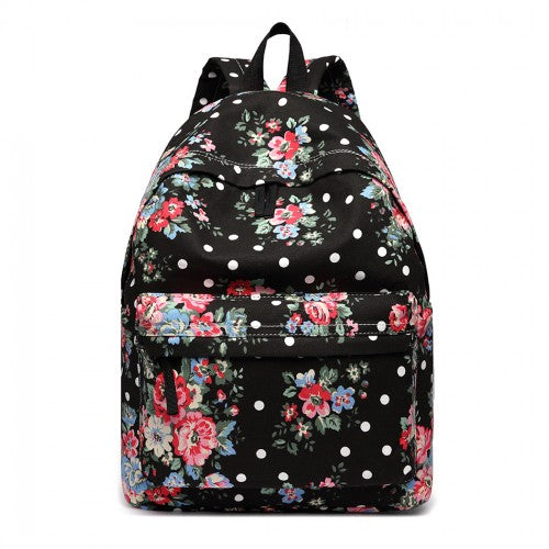 E1401F - Miss Lulu Large Backpack Flower Polka Dot - Black