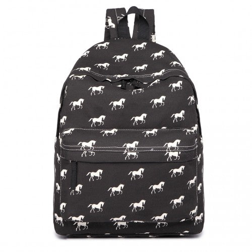 E1401H - Miss Lulu Horse-Print Cotton Canvas School Backpack - Black